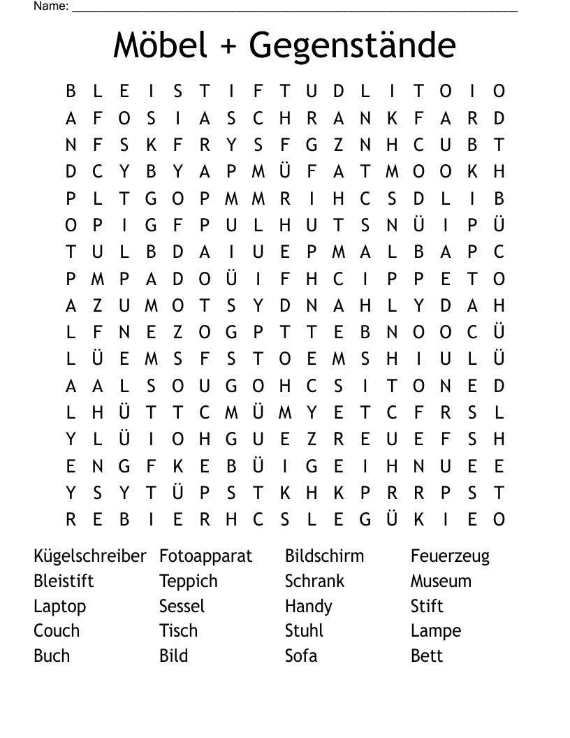 Möbel + Gegenstände Word Search