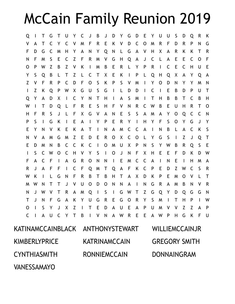 McCain Family Reunion 2019 Word Search