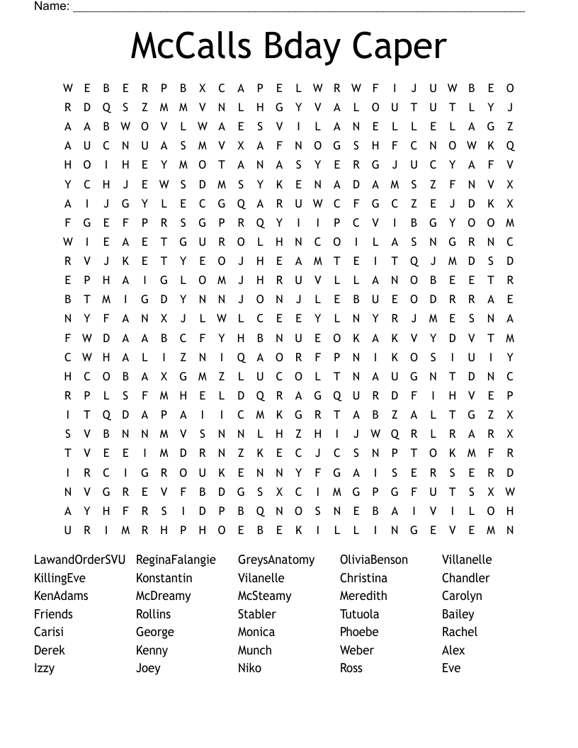 McCalls Bday Caper  Word Search