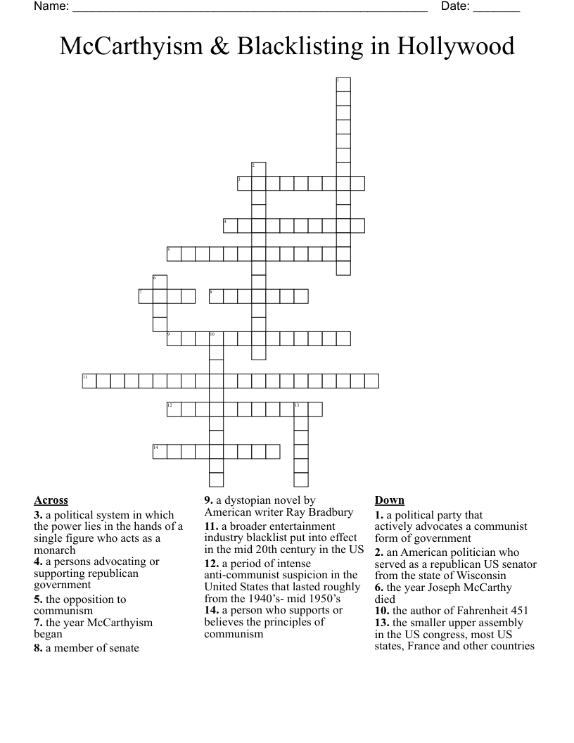 McCarthyism & Blacklisting in Hollywood Crossword
