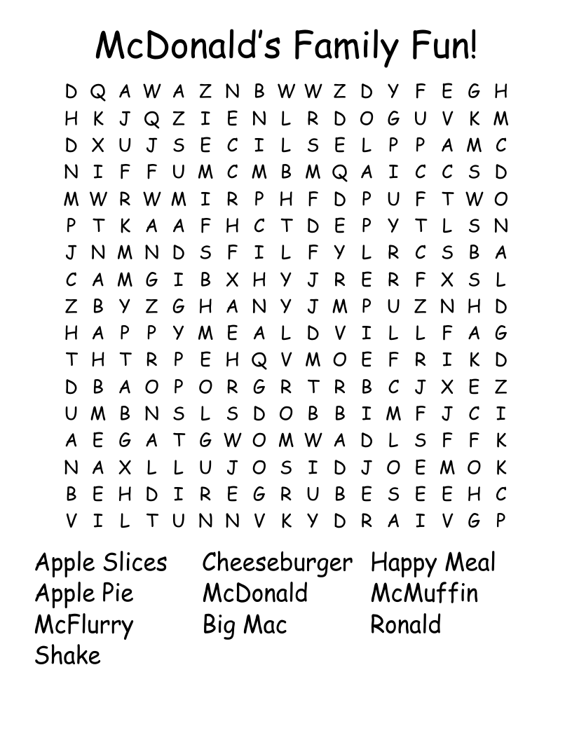 McDonald’s Family Fun! Word Search