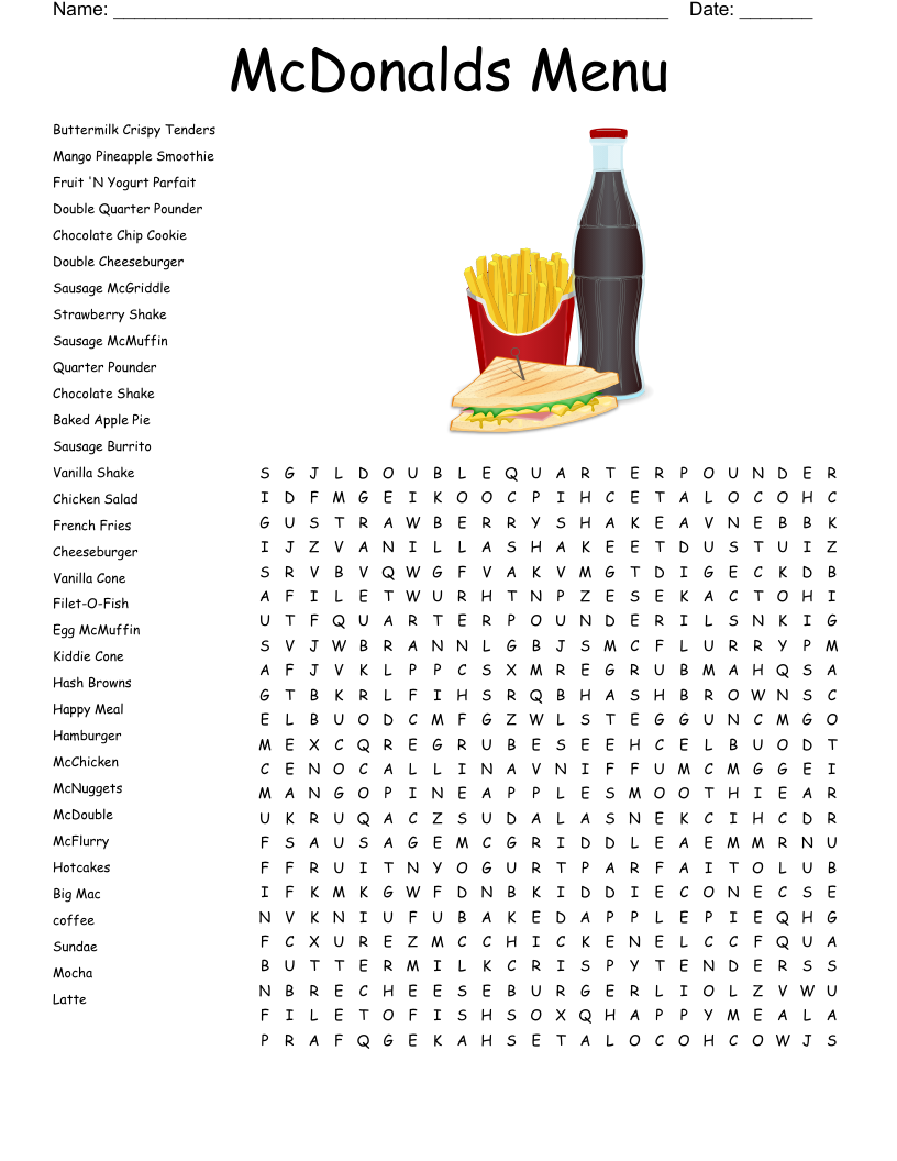 McDonalds Menu Word Search