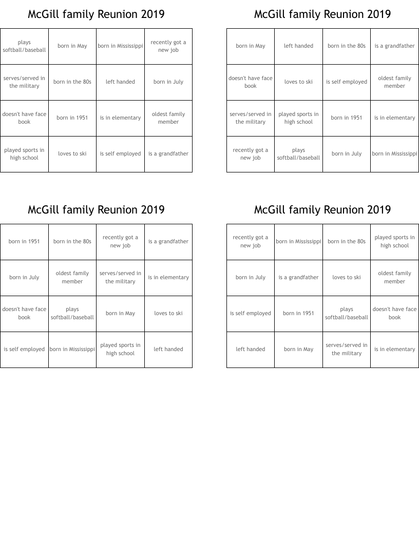 McGill family Reunion 2019 Bingo Cards