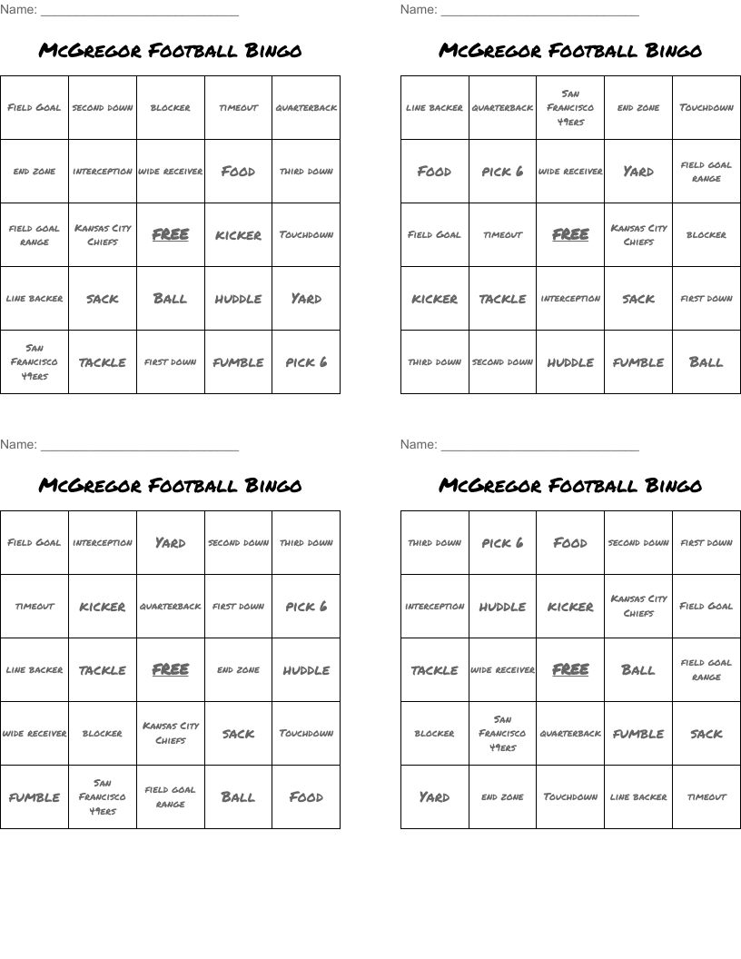 McGregor Football Bingo
