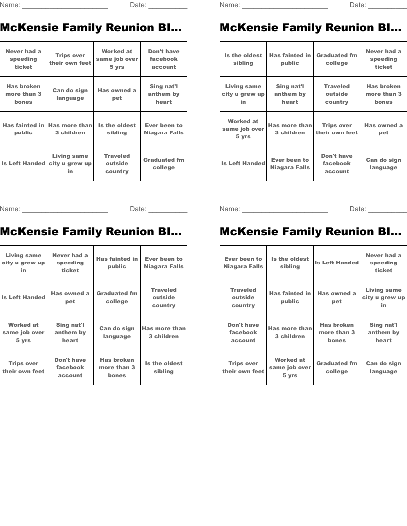 McKensie Family Reunion BINGO