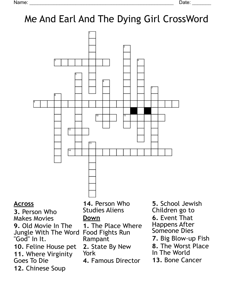Me And Earl And The Dying Girl CrossWord