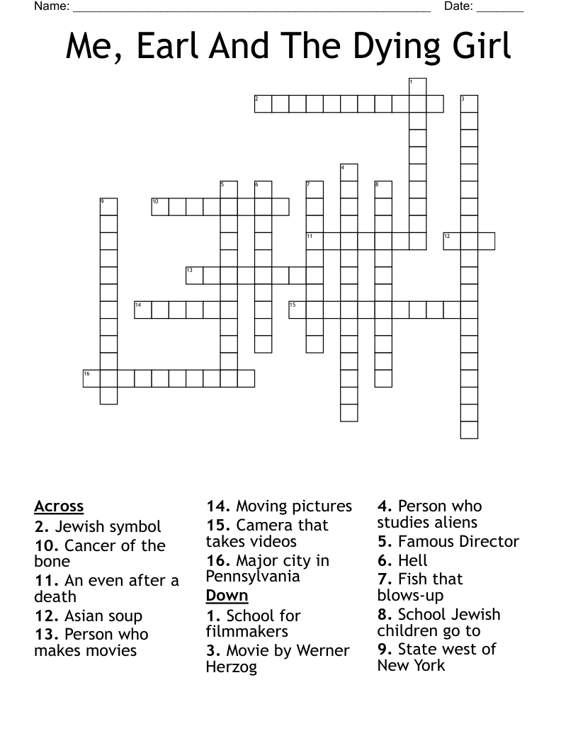 Me, Earl And The Dying Girl Crossword