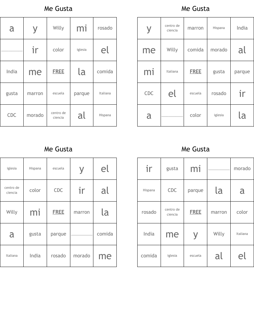Me Gusta Bingo Cards