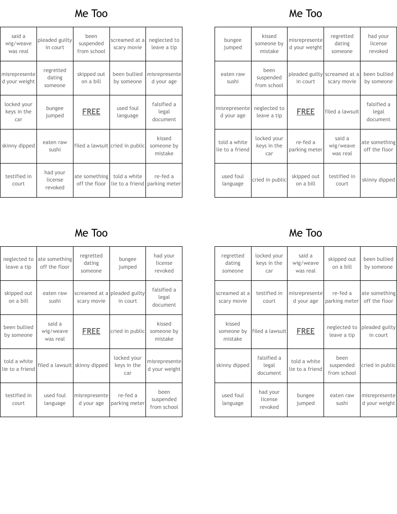Me Too  Bingo Cards