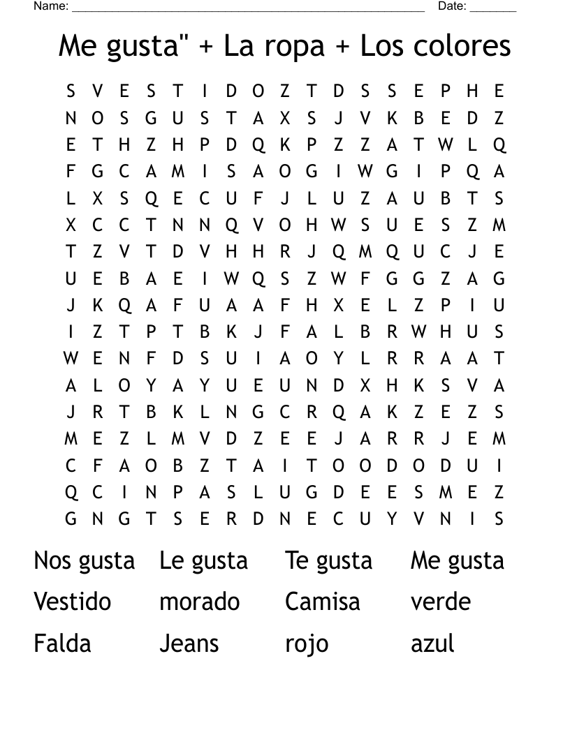 Me gusta" + La ropa + Los colores Word Search
