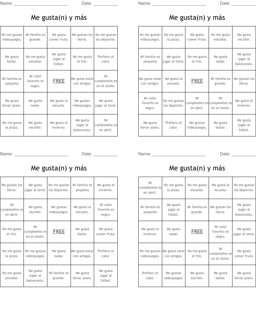 Me gusta(n) y más Bingo Cards