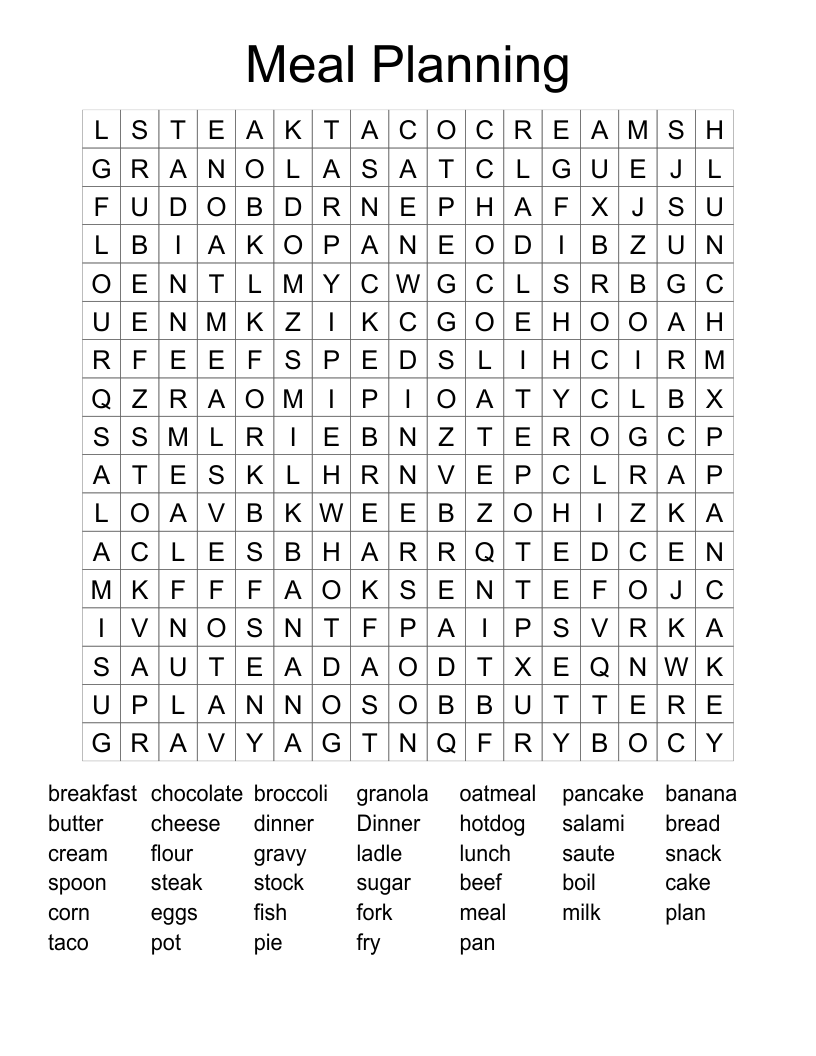 Meal Planning Word Search
