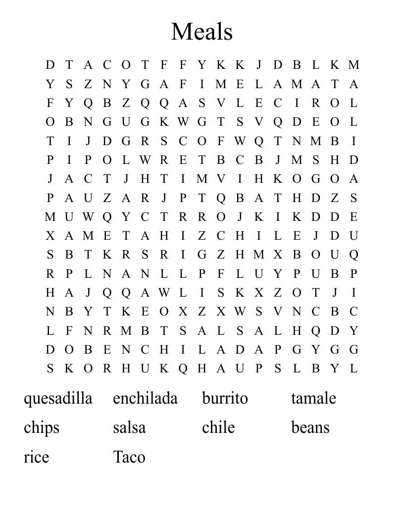 Meals Word Search