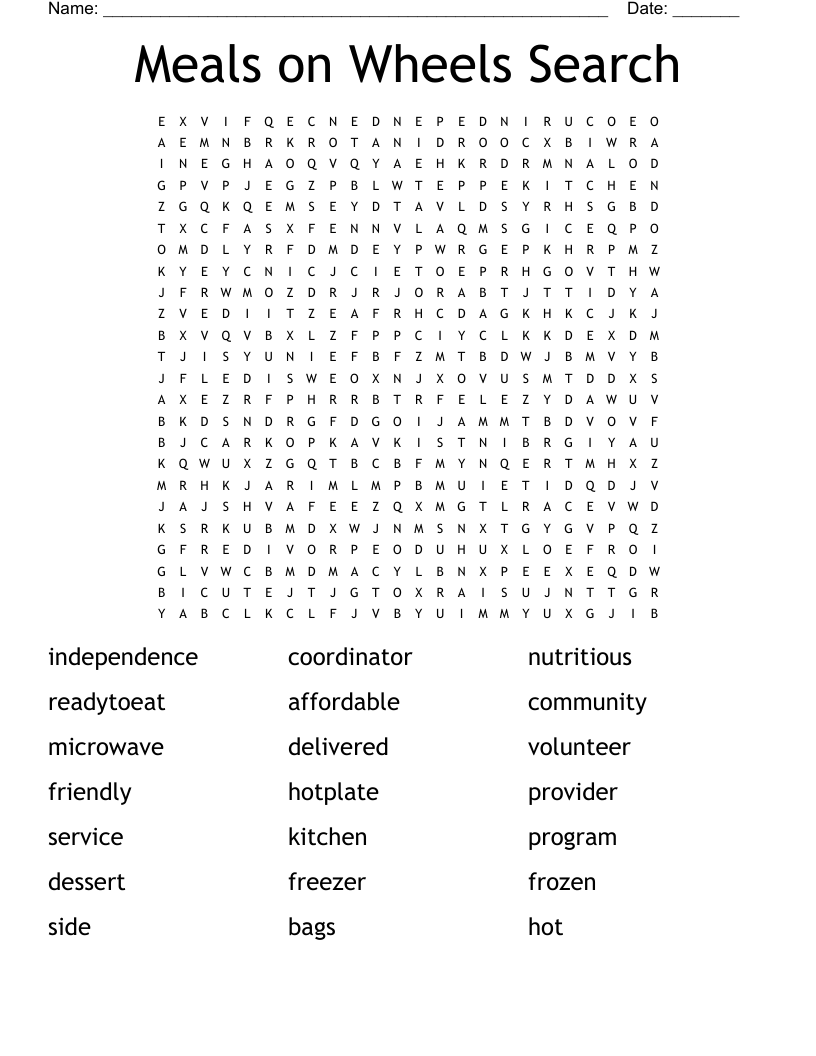 Meals on Wheels Search Word Search
