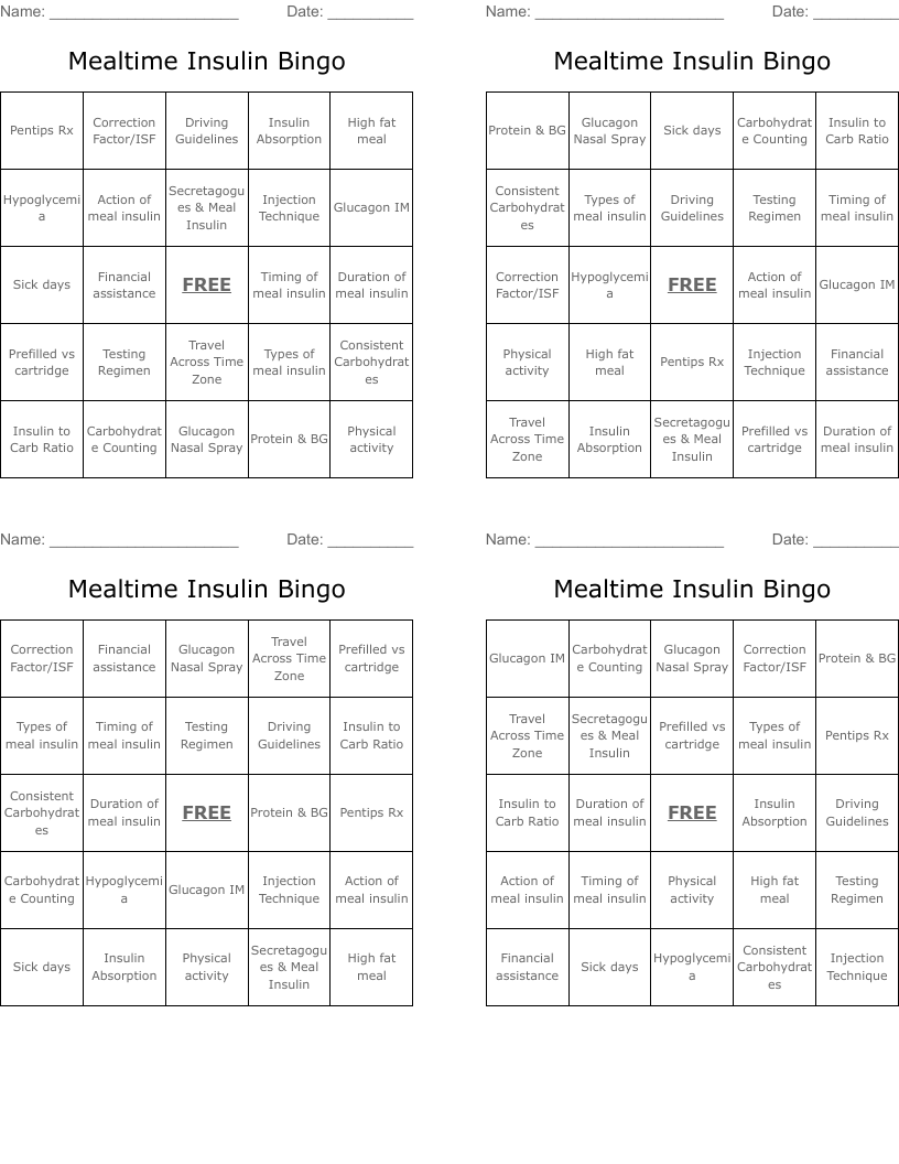 Mealtime Insulin Bingo 