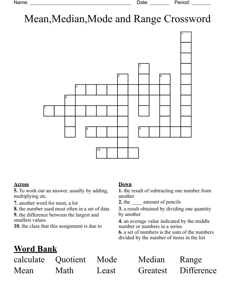 Mean,Median,Mode and Range Crossword