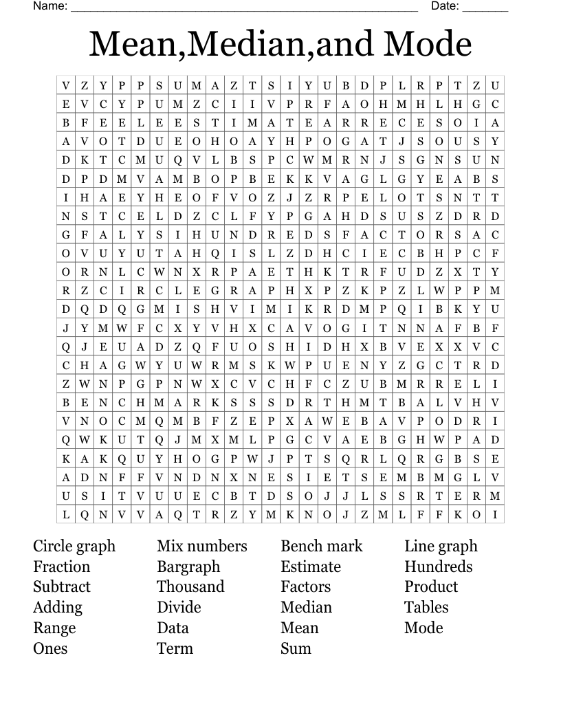 Mean,Median,and Mode Word Search