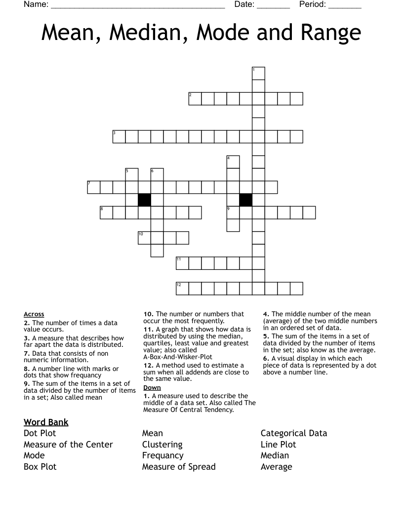 Mean, Median, Mode and Range Crossword