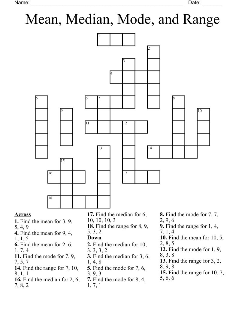 Mean, Median, Mode, and Range Crossword