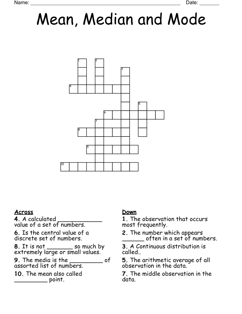 Mean, Median and Mode Crossword