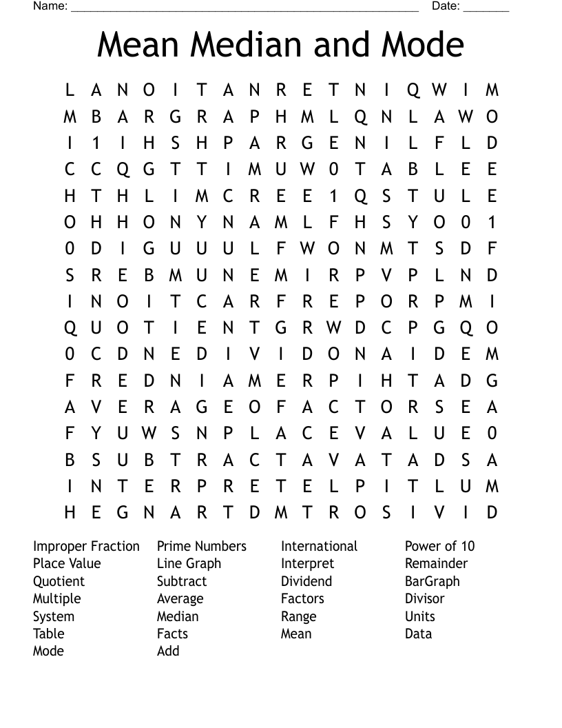 Mean Median and Mode Word Search