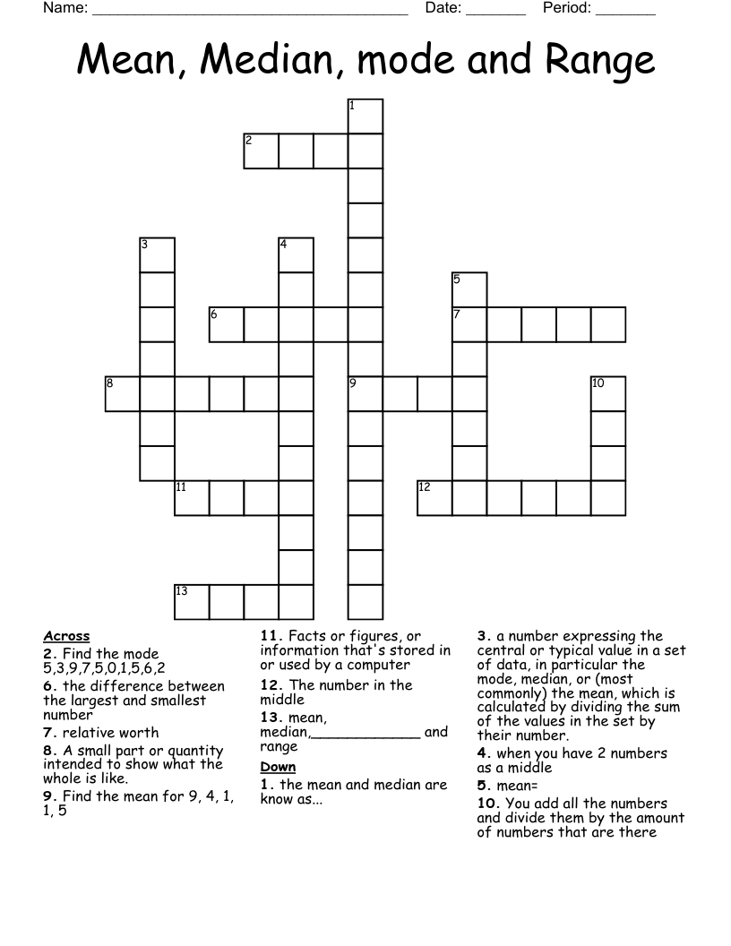 Mean, Median, mode and Range Crossword
