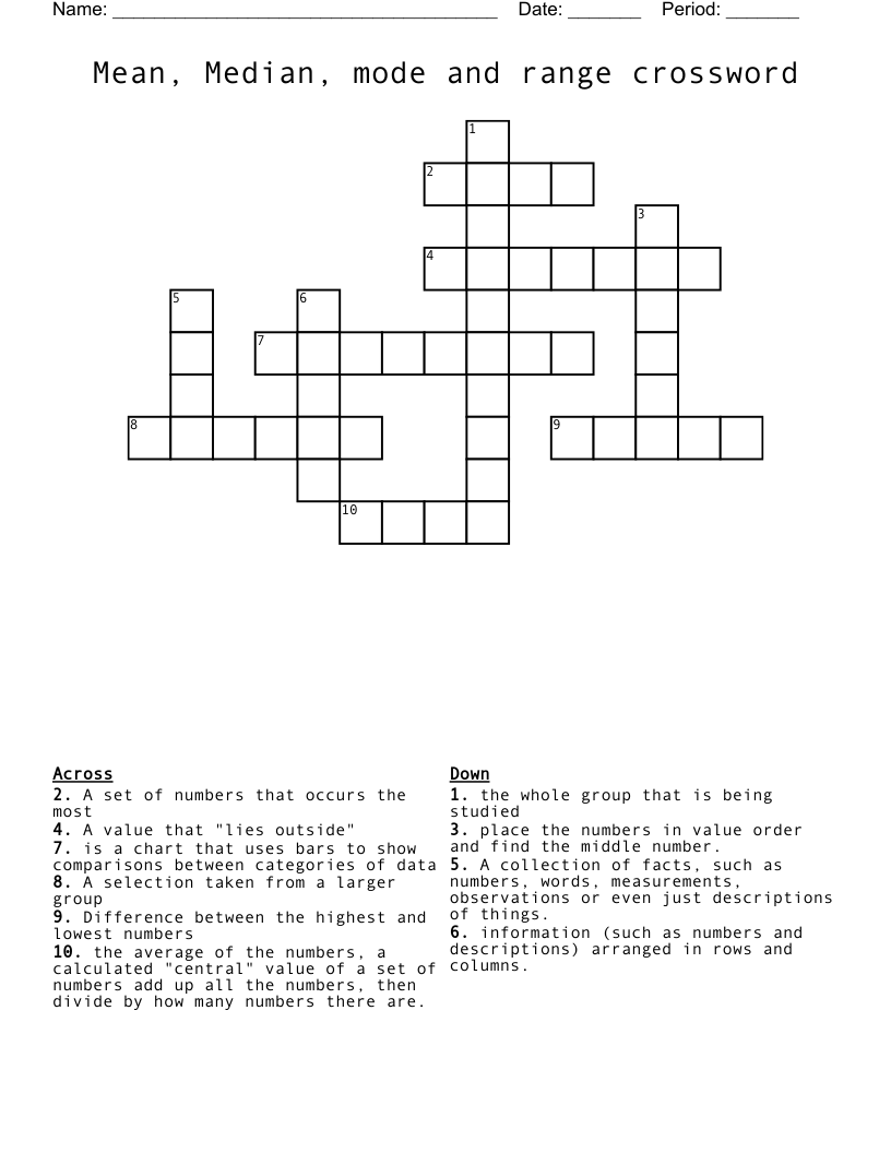Mean, Median, mode and range crossword