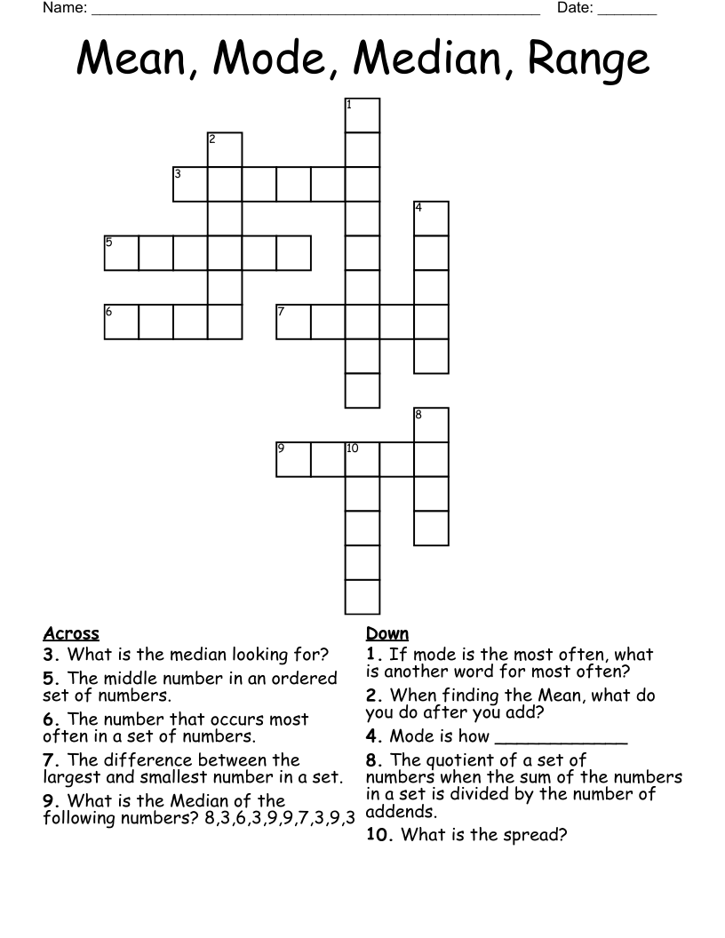 Mean, Mode, Median, Range Crossword