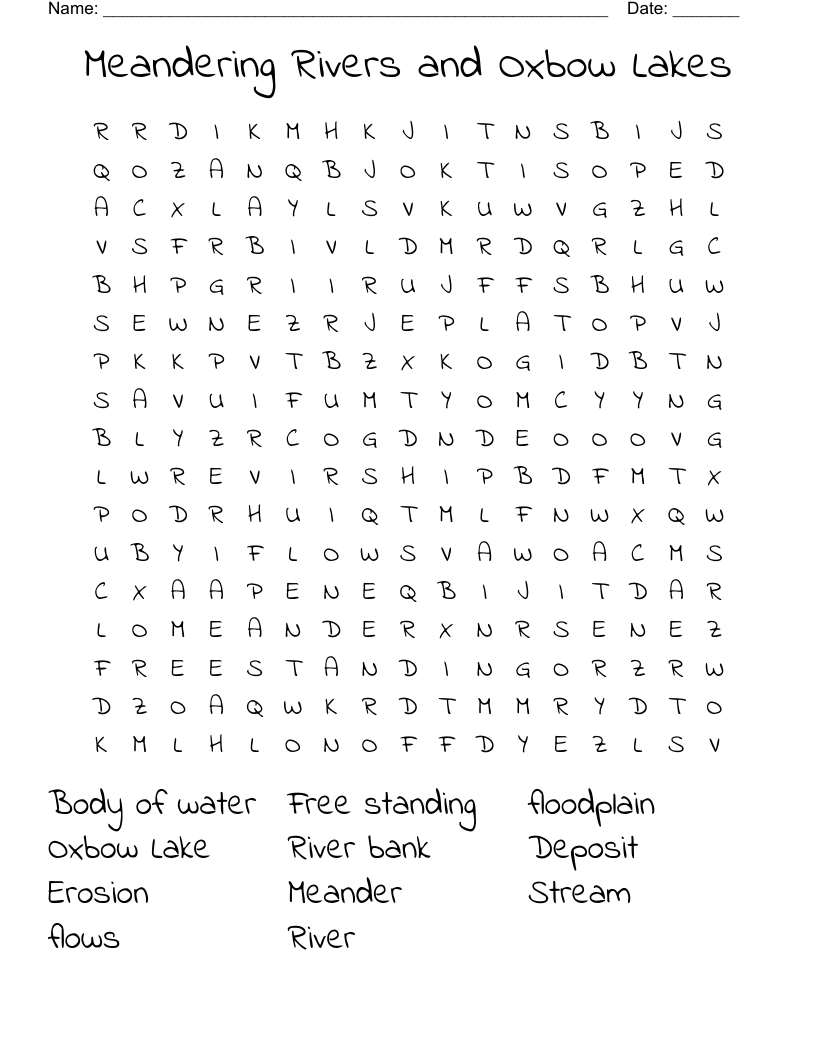 Meandering Rivers and Oxbow Lakes Word Search