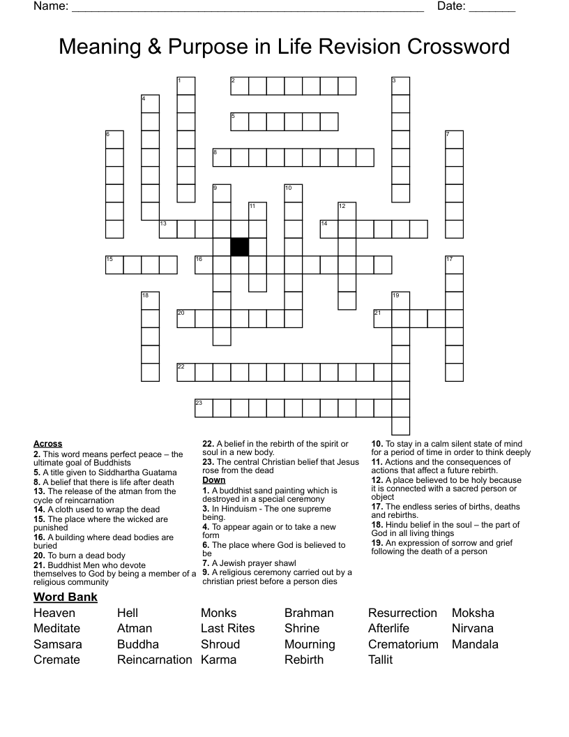 Meaning & Purpose in Life Revision Crossword