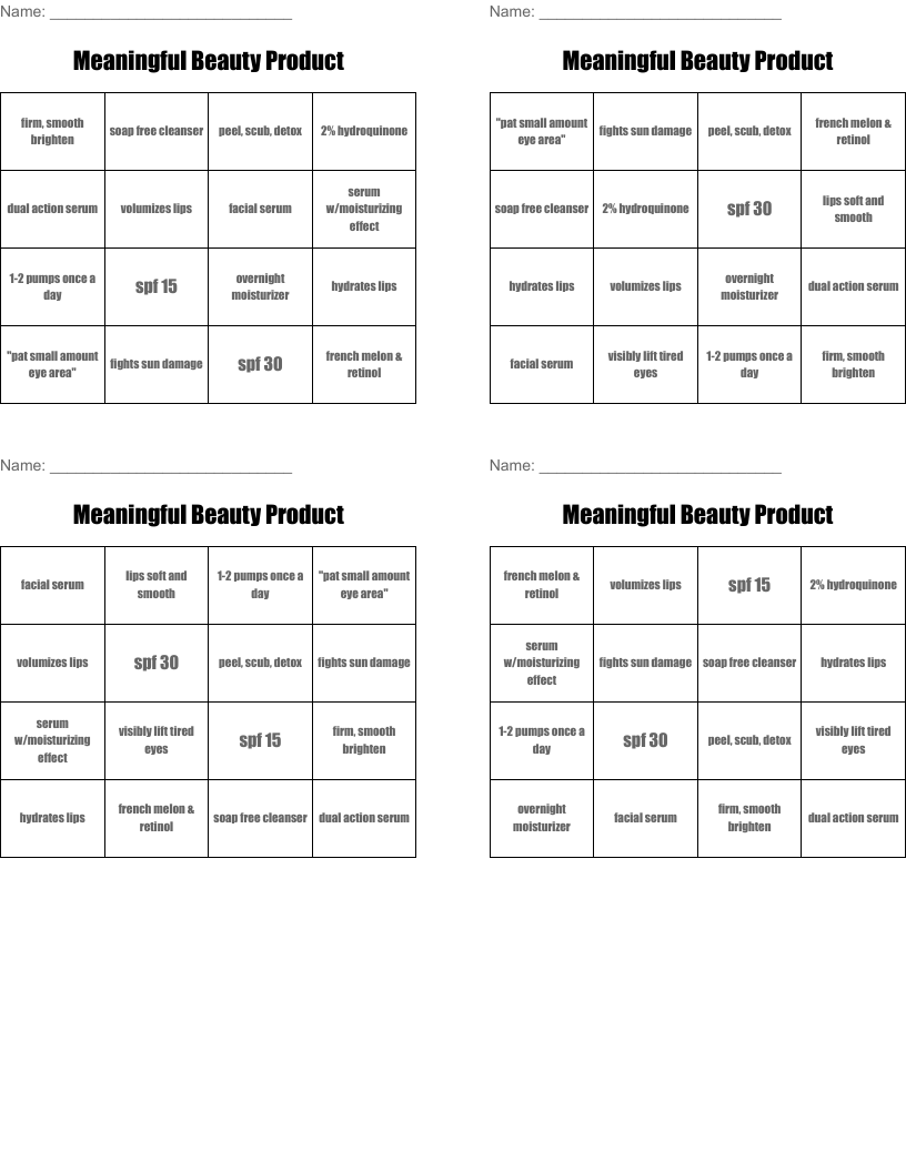 Meaningful Beauty Product  Bingo Cards