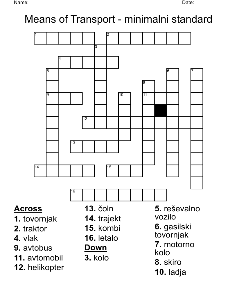 Means of Transport - minimalni standard Crossword