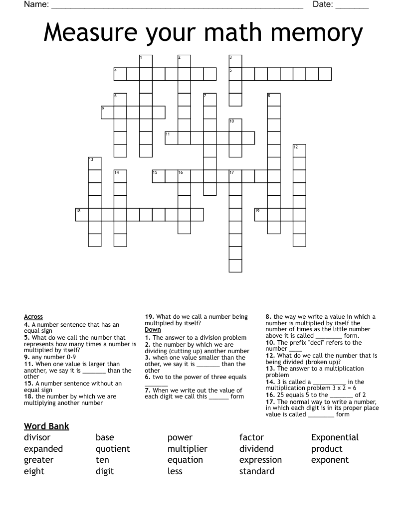 Measure your math memory Crossword