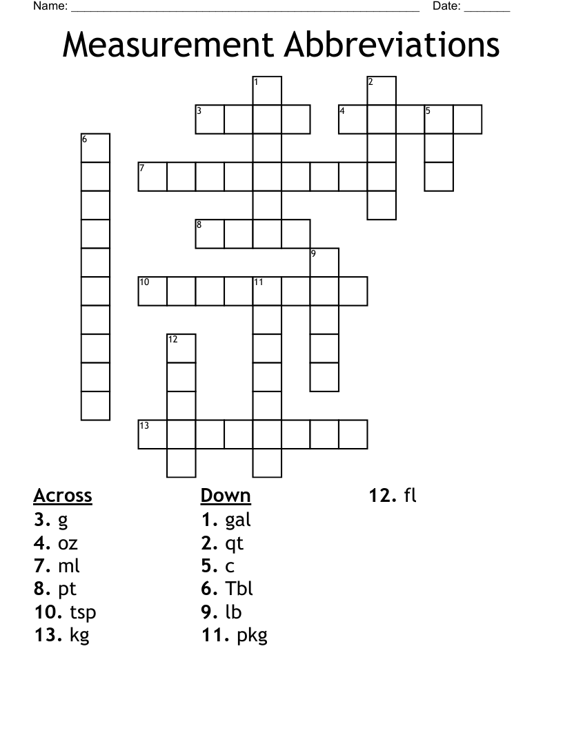 Measurement Abbreviations Crossword