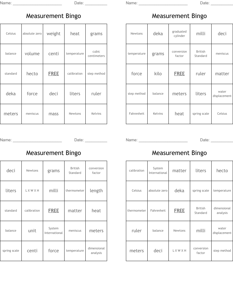 Measurement Bingo