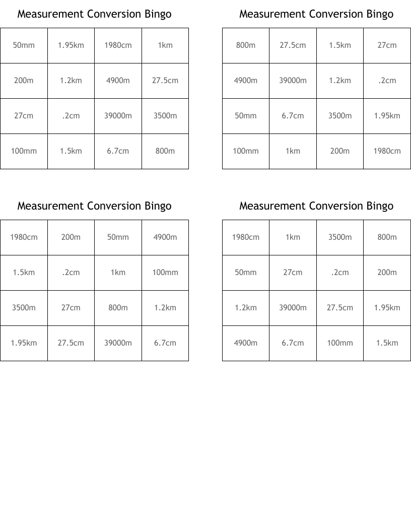 Measurement Conversion Bingo