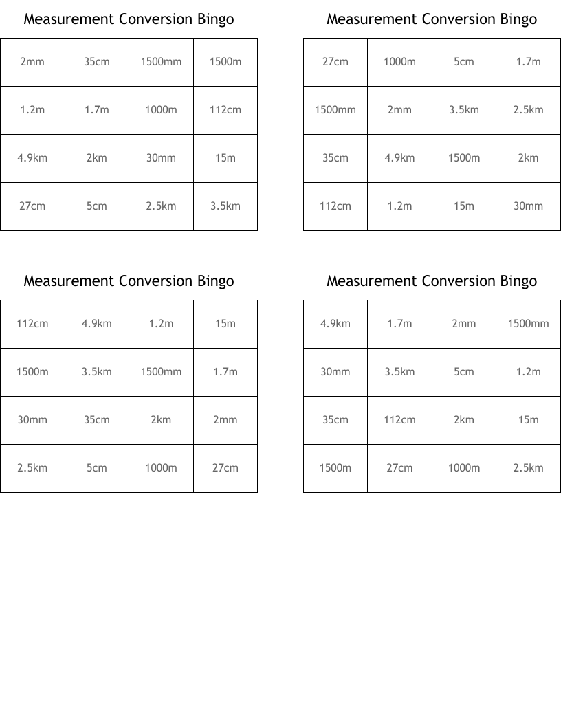 Measurement Conversion Bingo 