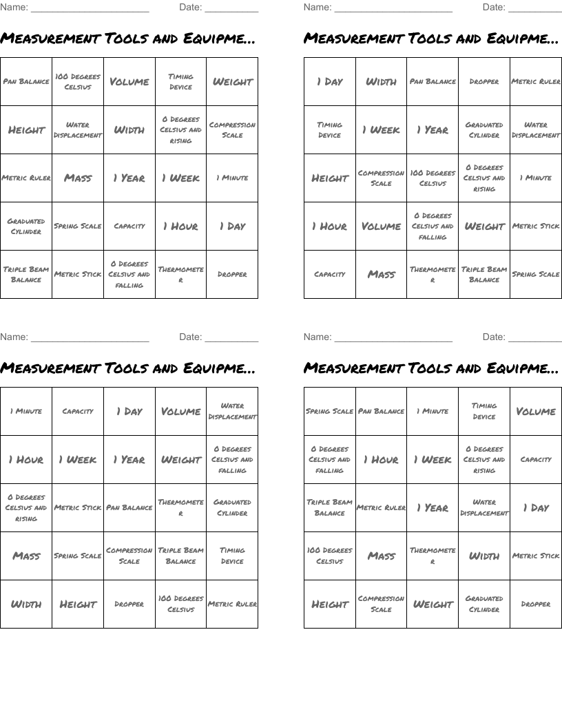 Measurement Tools and Equipment Bingo Cards