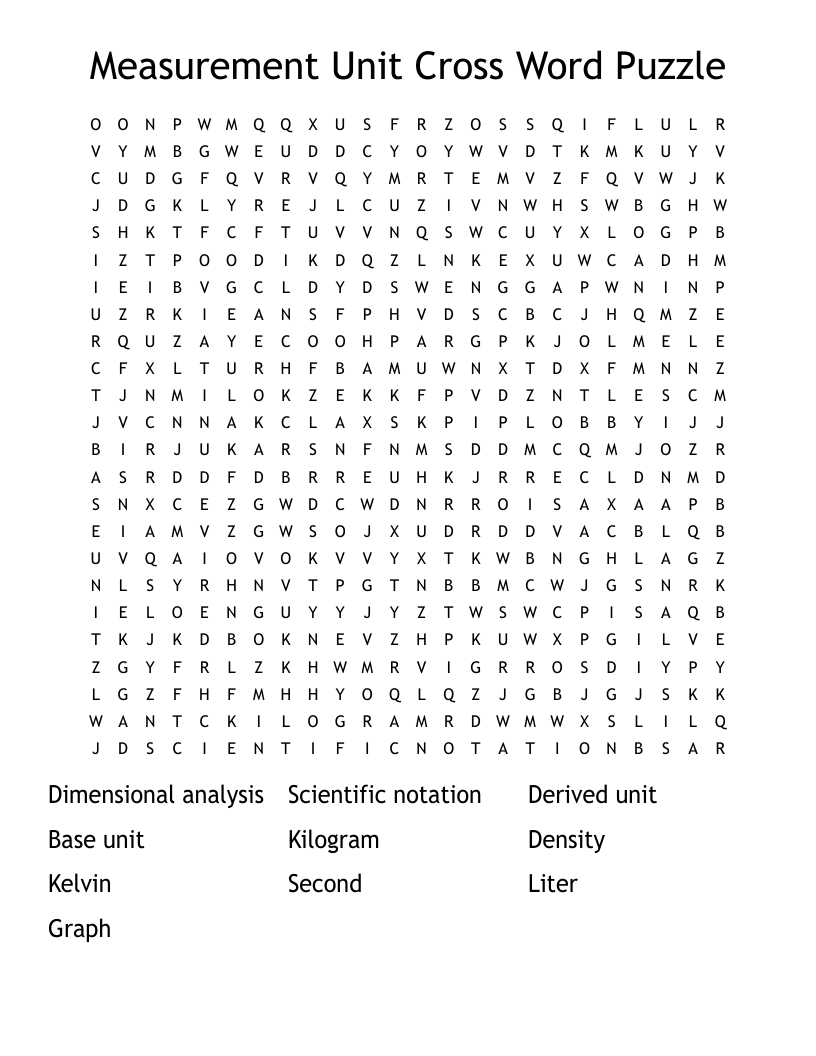 Measurement Unit Cross Word Puzzle  Word Search