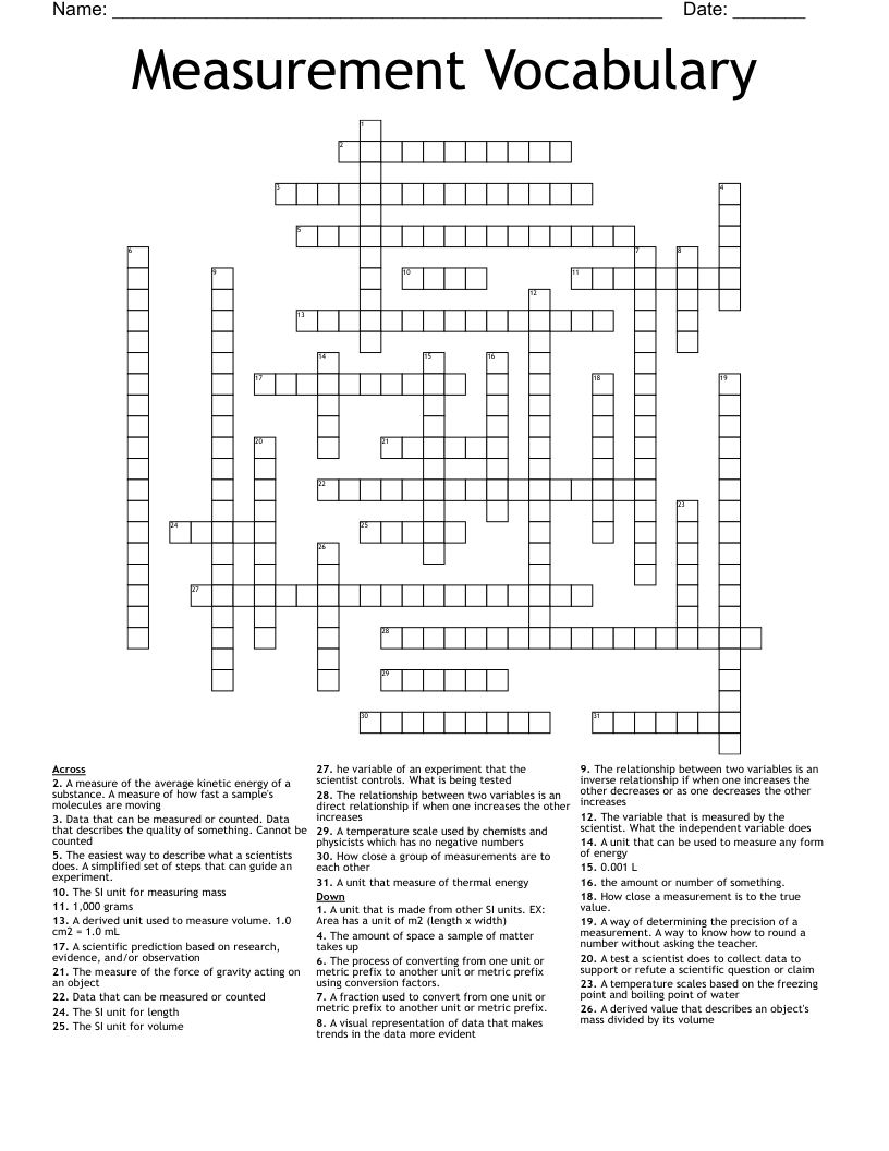 Measurement Vocabulary Crossword