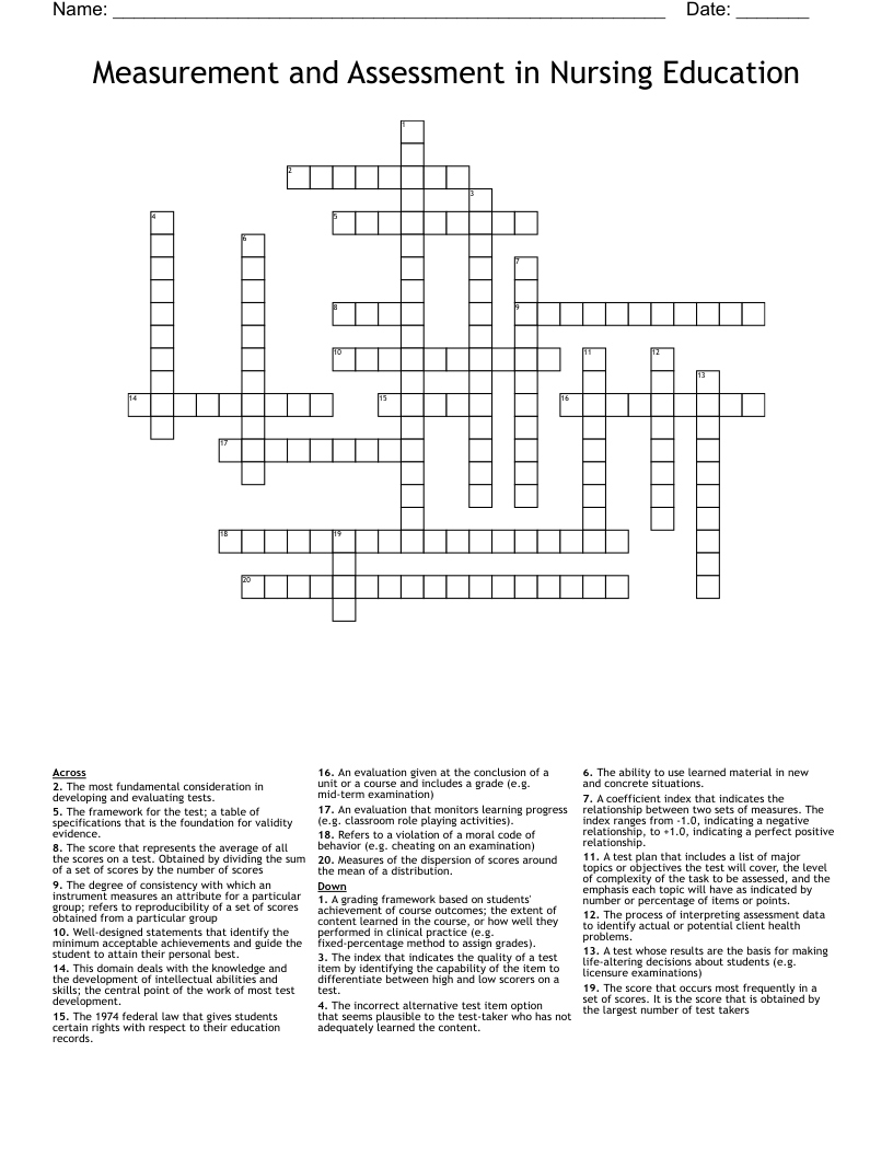 Measurement and Assessment in Nursing Education Crossword