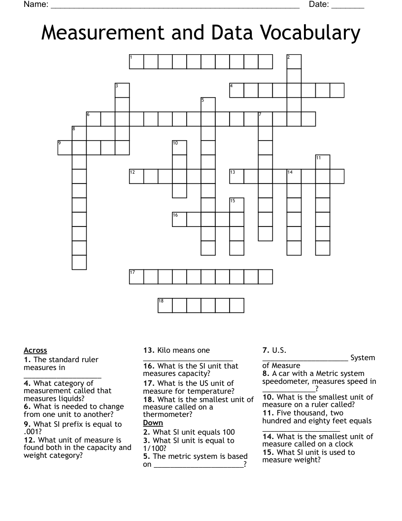 Measurement and Data Vocabulary Crossword