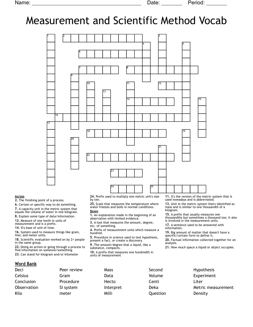 Measurement and Scientific Method Vocab Crossword