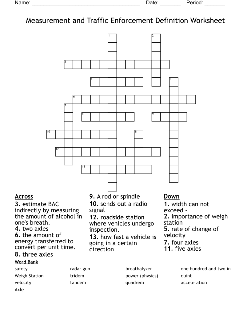 Measurement and Traffic Enforcement Definition Worksheet Crossword
