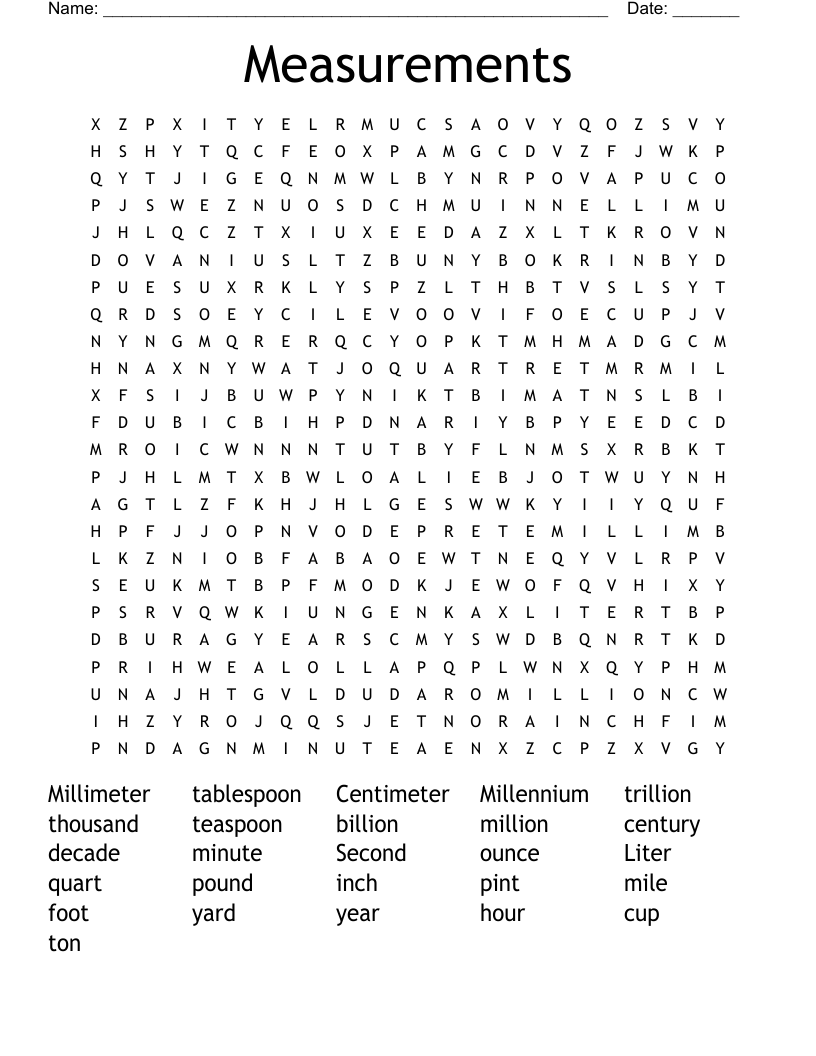 Measurements Word Search