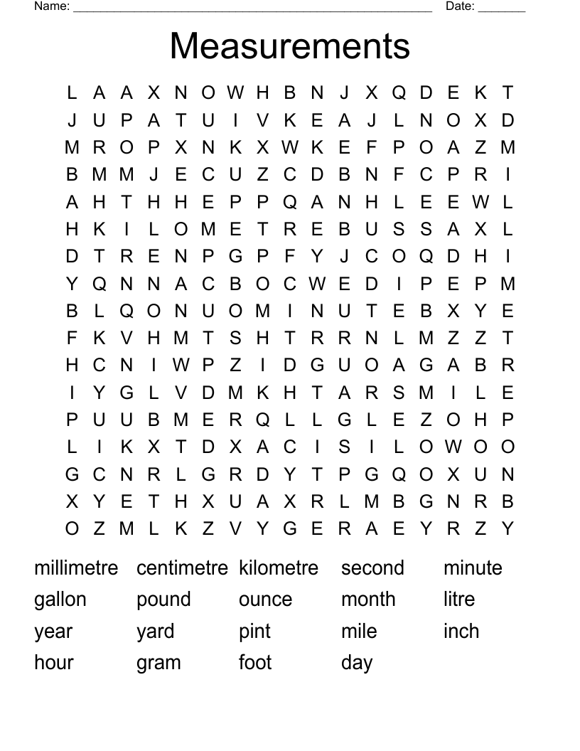 Measurements Word Search