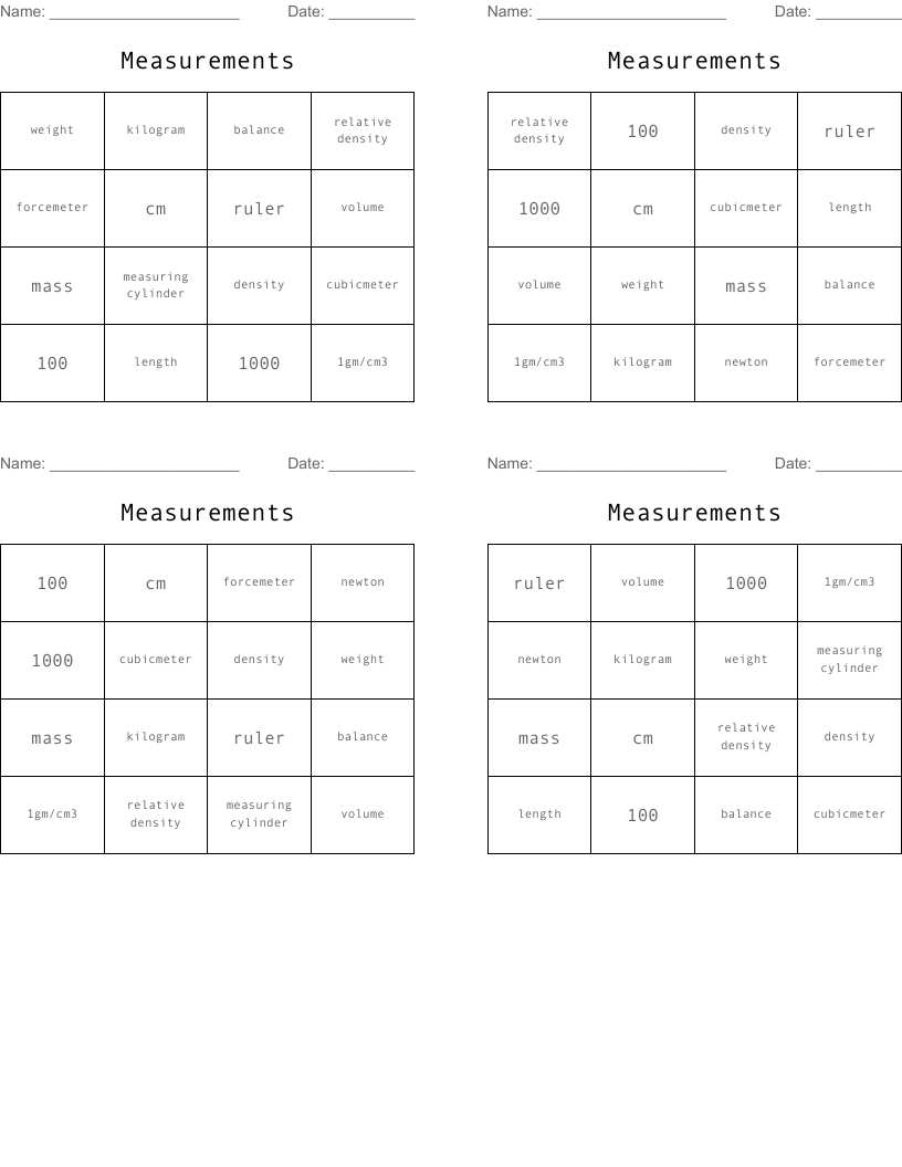 Measurements  Bingo Cards