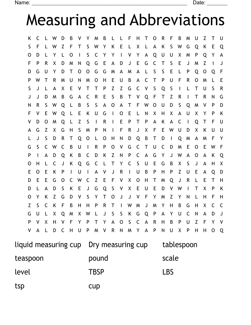 Measuring and Abbreviations Word Search