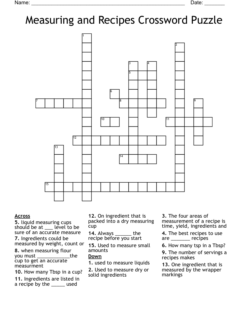 Measuring and Recipes Crossword Puzzle