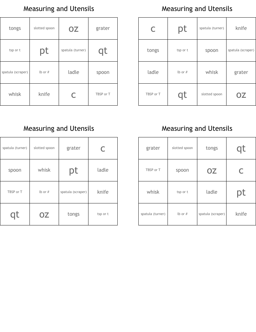 Measuring and Utensils Bingo Cards